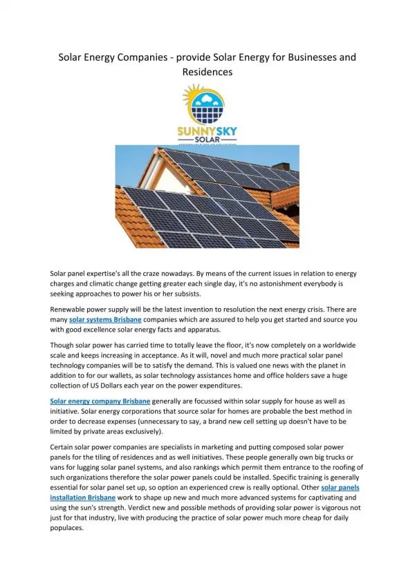 Solar Energy Companies - provide Solar Energy for Businesses and Residences