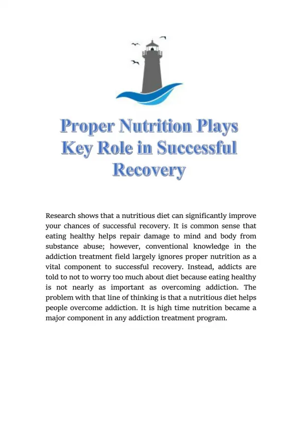 Proper Nutrition Plays Key Role in Successful Recovery