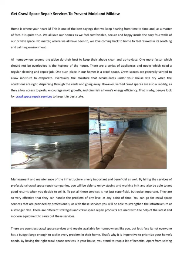 Get Crawl Space Repair Services To Prevent Mold and Mildew