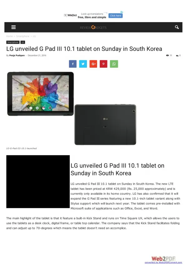 LG unveiled G Pad III 10.1 tablet on Sunday in South Korea