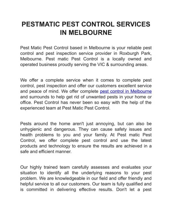 PESTMATIC PEST CONTROL SERVICES IN MELBOURNE