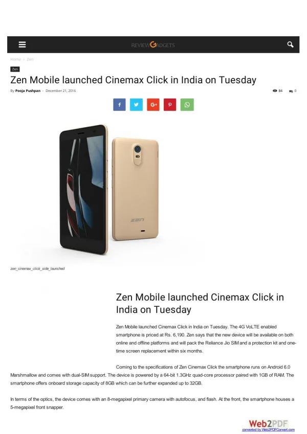 Zen Mobile launched Cinemax Click in India on Tuesday