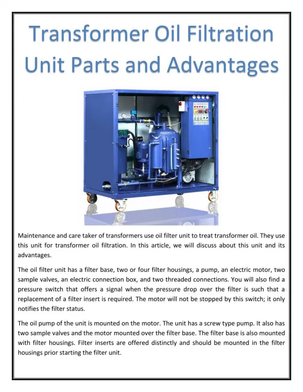 Transformer Oil Filtration Unit Parts and Advantages