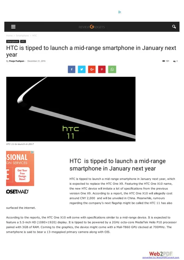 HTC is tipped to launch a mid-range smartphone in January next year