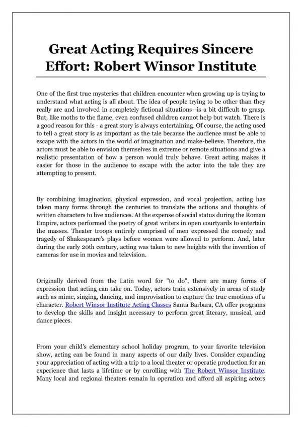 Great Acting Requires Sincere Effort: Robert Winsor Institute
