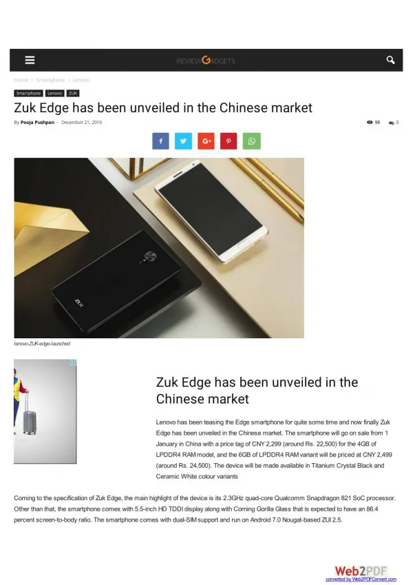 Zuk Edge has been unveiled in the Chinese market