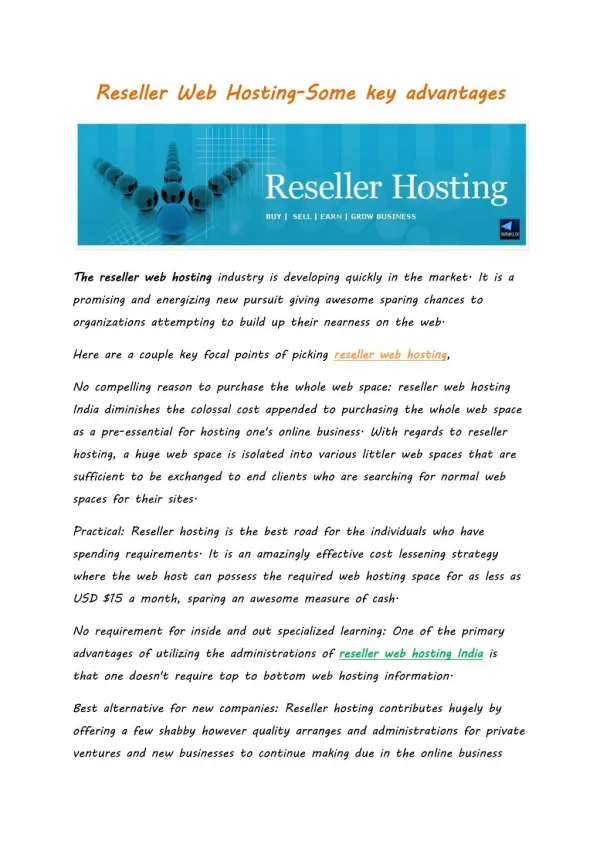 Reseller Web Hosting-Some key advantages