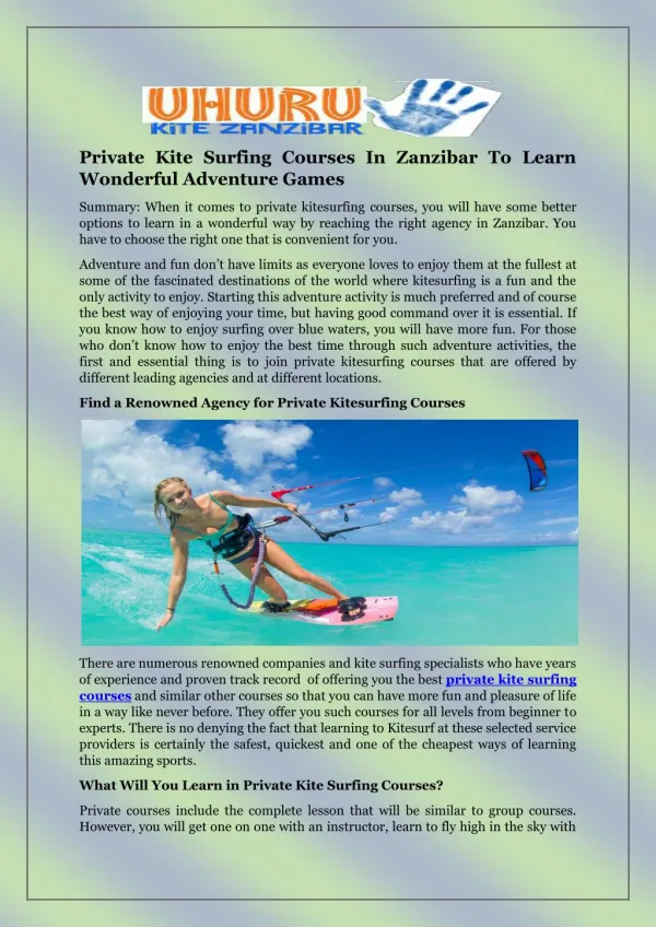 Private Kite Surfing Courses In Zanzibar To Learn Wonderful Adventure Games