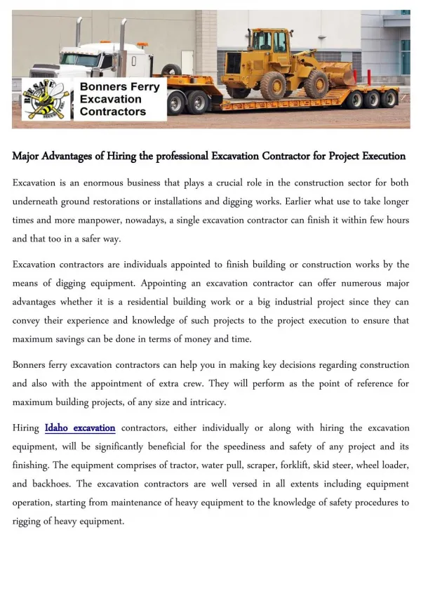 Major Advantages of Hiring the professional Excavation Contractor for Project Execution