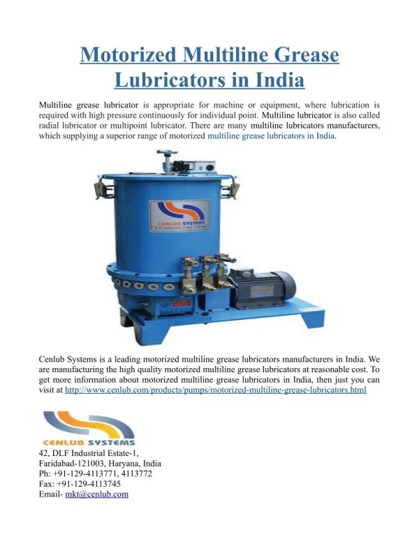 Motorized Multiline Grease Lubricators in India