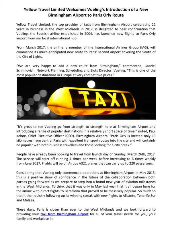 Yellow Travel Limited Welcomes taxi from birmingham airport