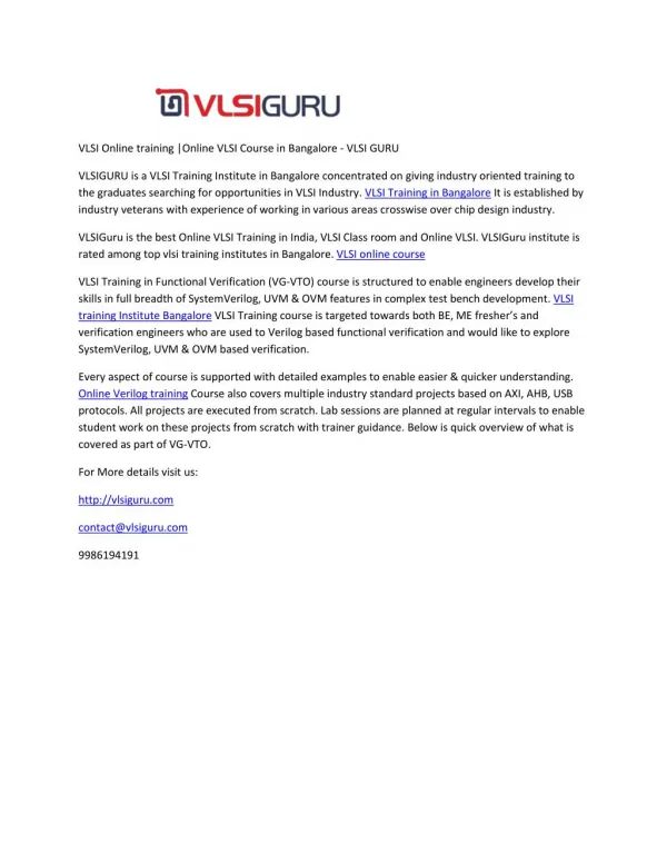 VLSI Online training |Online VLSI Course in Bangalore - VLSI GURU