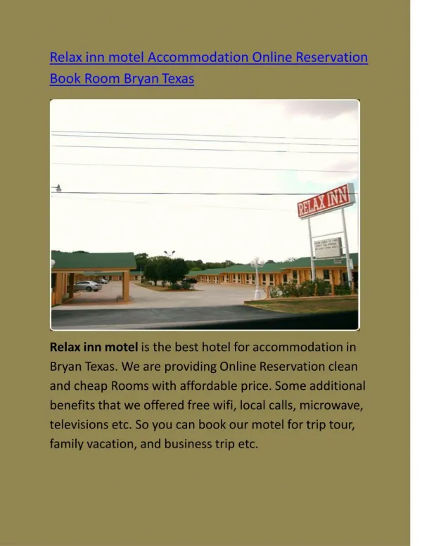 Relax inn motel Accommodation Online Reservation Book Room Bryan Texas