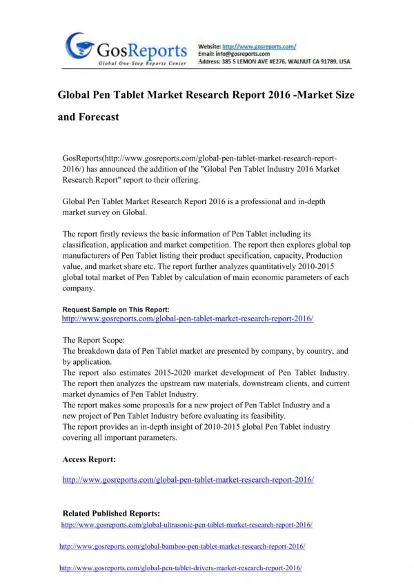 Global Pen Tablet Market Research Report 2016 -Market Size and Forecast