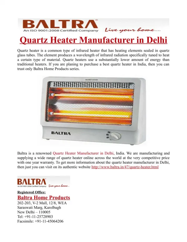 Quartz Heater Manufacturer in Delhi