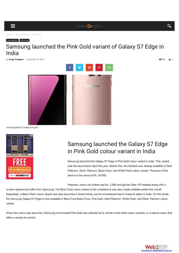 Samsung launched the Pink Gold variant of Galaxy S7 Edge in India