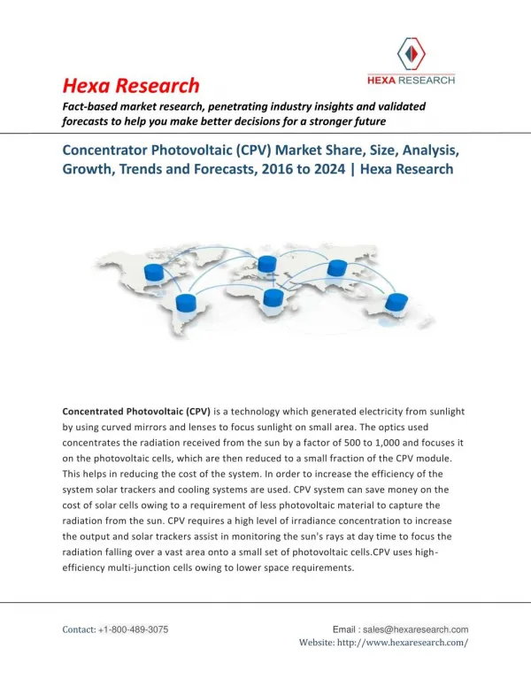 Concentrator Photovoltaic (CPV) Market Size, Share, Growth, Industry Analysis and Forecast to 2024 | Hexa Research