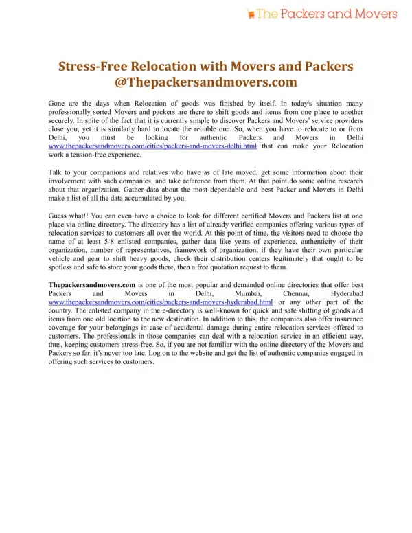 Stress-Free Relocation with Movers and Packers @ Thepackersandmovers.com