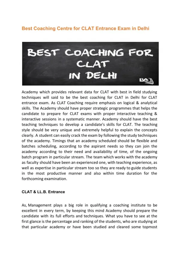 Best Coaching Centre for CLAT Entrance Exam in Delhi
