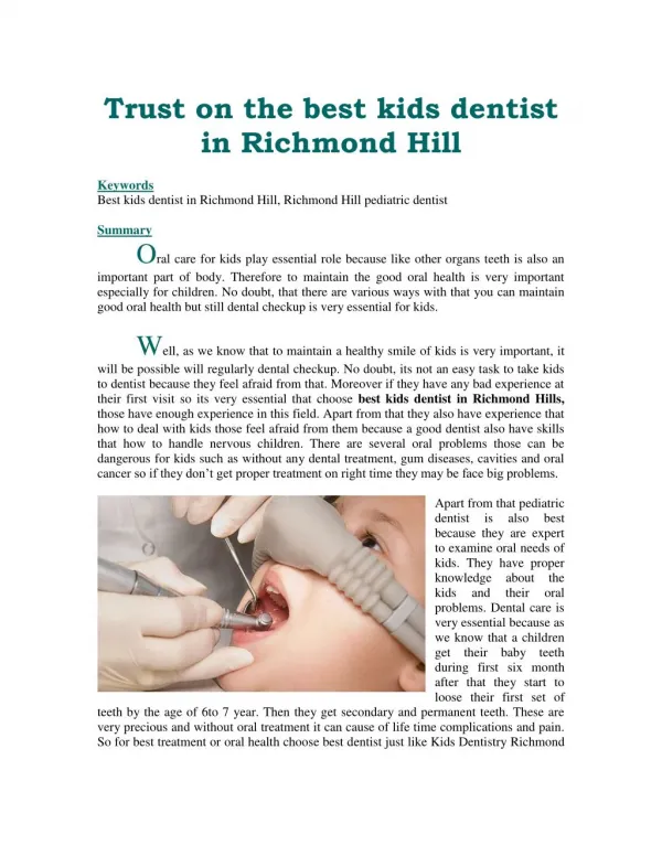 Trust on the best kids dentist in Richmond Hill