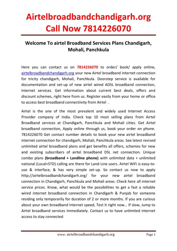 Airtel Broadband Connection in Chandigarh,Mohali 7814226070