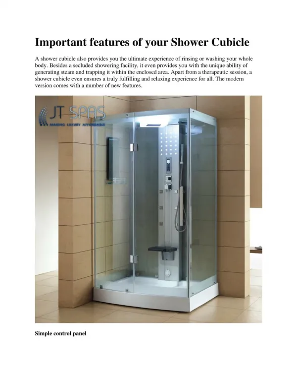 Important features of your Shower Cubicle
