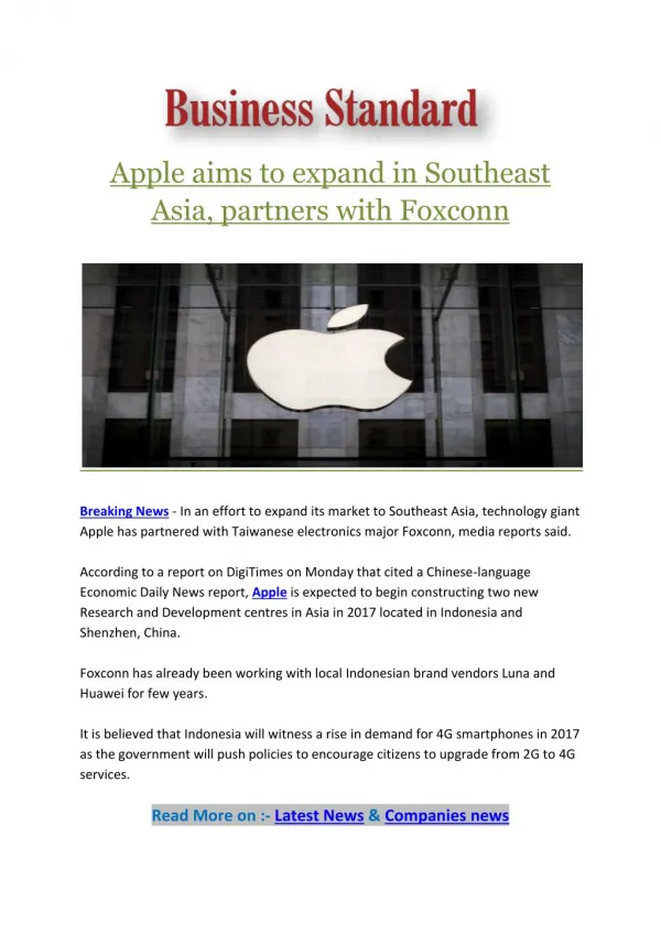 Apple aims to expand in Southeast Asia, partners with Foxconn
