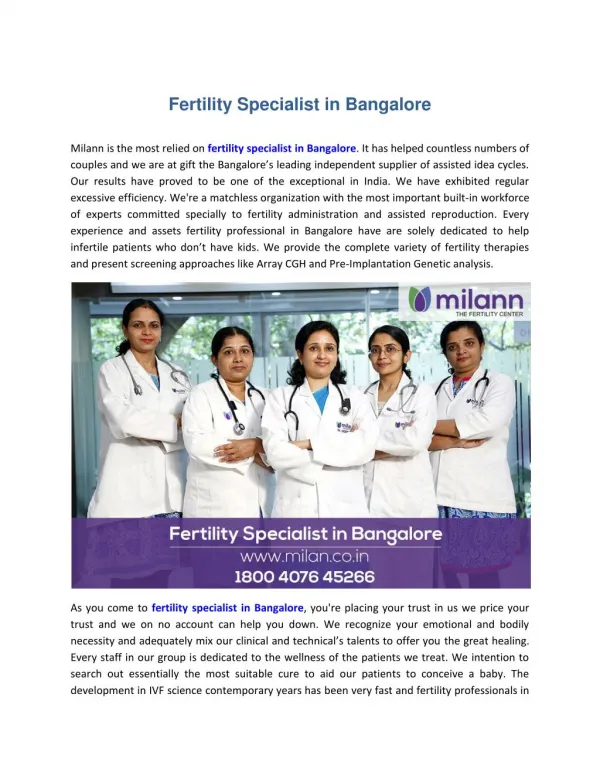 Fertility Specialist in Bangalore