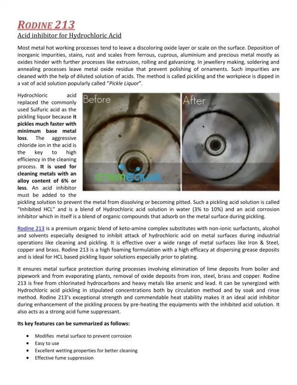 Rodine 213 - Acid Inhibitor for industrial cleaning of steel, copper and brass.