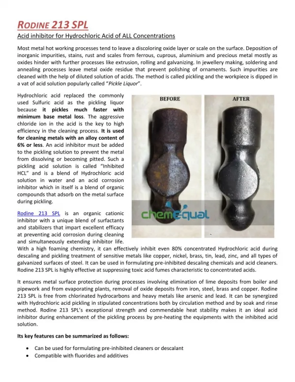 RODINE 213 SPL - Acid inhibitor for Hydrochloric Acid of ALL Concentrations