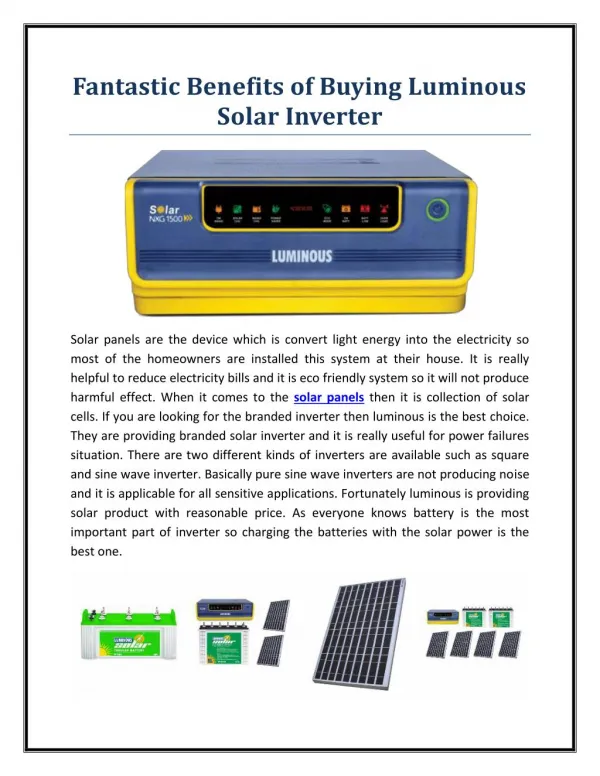Fantastic Benefits of Buying Luminous Solar Inverter