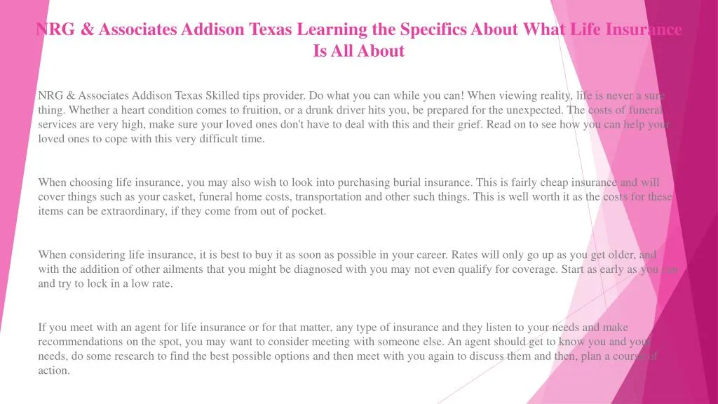 nrg associates addison texas learning the specifics about what life insurance is all about