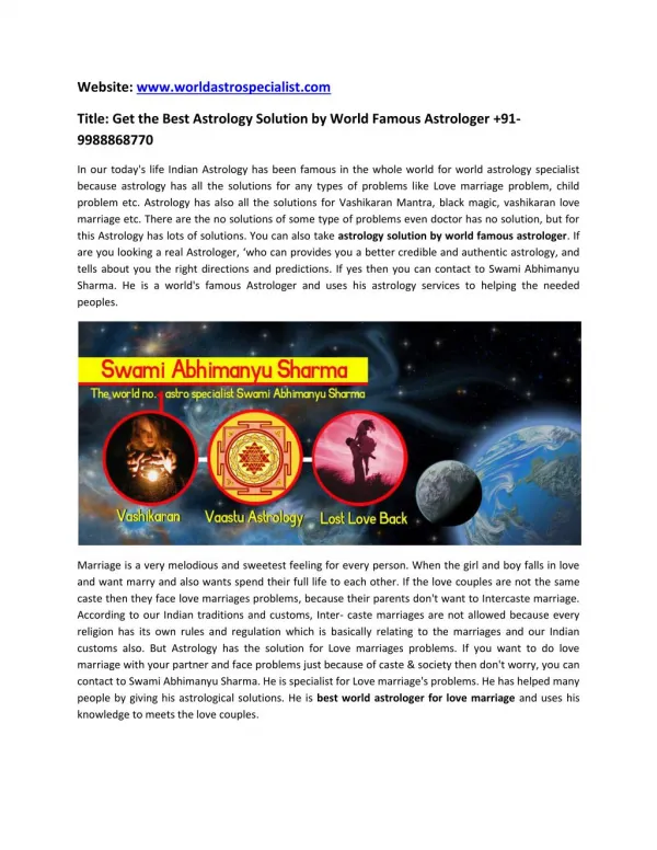 Call @ 91-9988868770 Get Astrology Solution by World Famous Astrologer