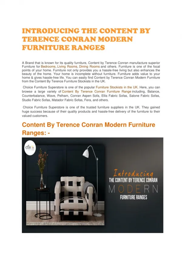INTRODUCING THE CONTENT BY TERENCE CONRAN MODERN FURNITURE RANGES