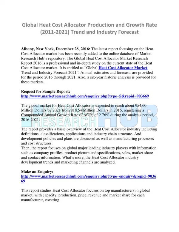 Global Heat Cost Allocator Production Market Report 2020
