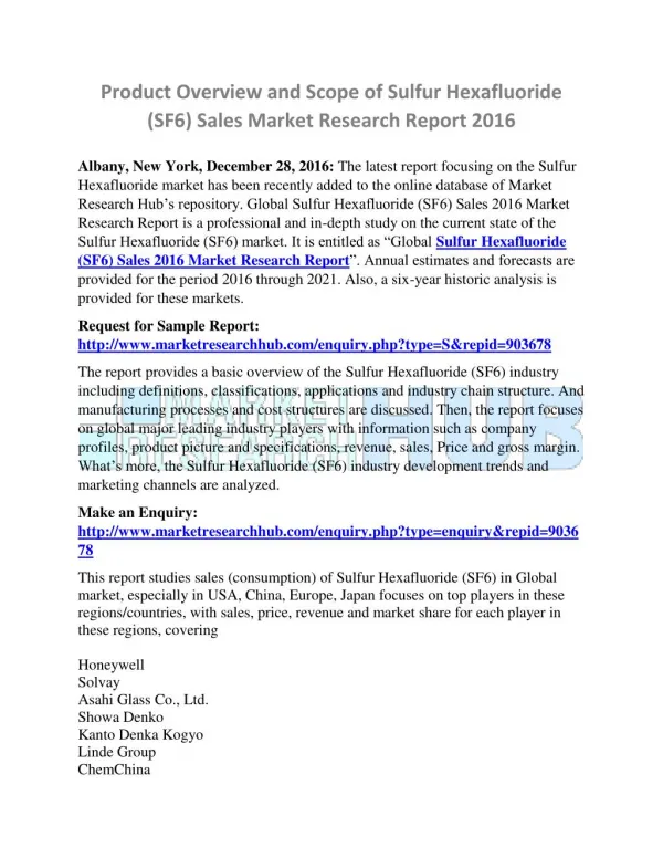 Sulfur Hexafluoride (SF6) Sales Market Research Report 2016
