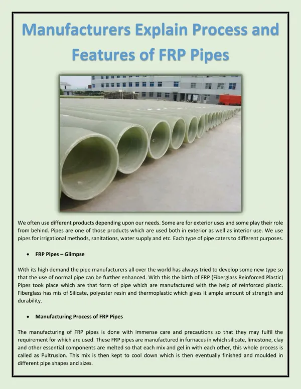Manufacturers Explain Process and Features of FRP Pipes