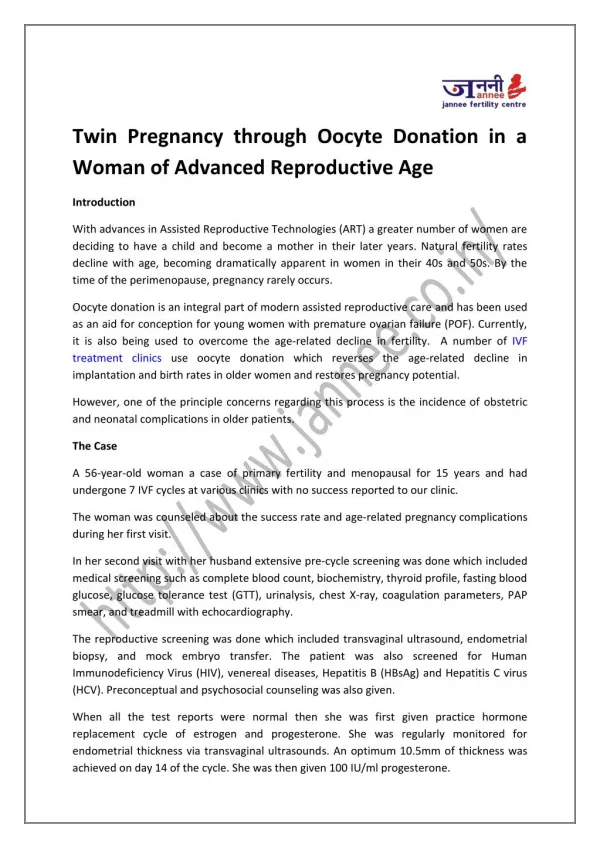 Twin Pregnancy through Oocyte Donation in a Woman of Advanced Reproductive Age