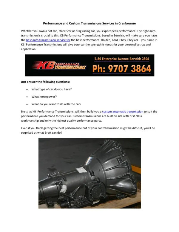 Performance and Custom Transmissions Services in Cranbourne