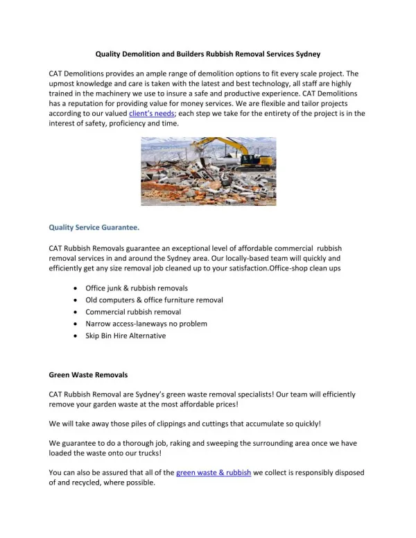 Quality Demolition and Builders Rubbish Removal Services Sydney