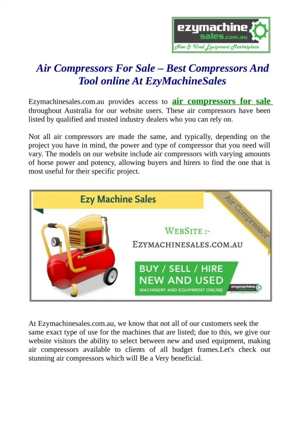 Air Compressors For Sale – Best Compressors And Tool online At EzyMachineSales