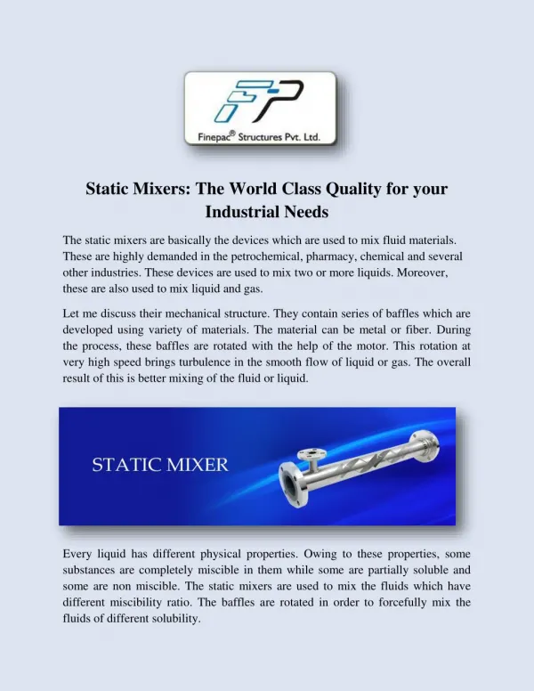 Statice Mixer Manufacturers and Suppliers India