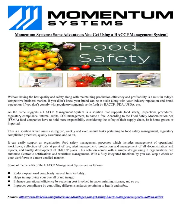 Momentum Systems: Some Advantages You Get Using a HACCP Management System!