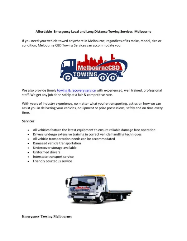 Affordable Emergency Local and Long Distance Towing Services Melbourne