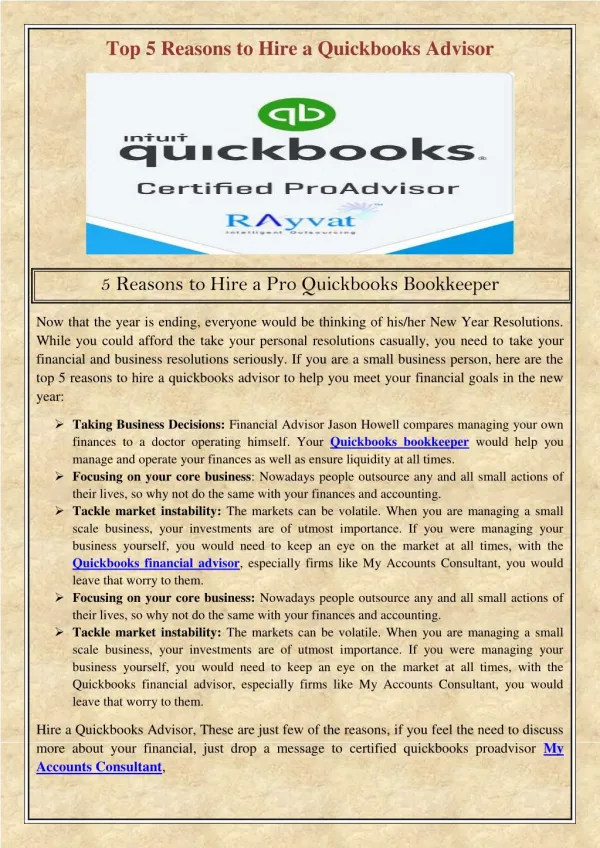 Top 5 Reasons to Hire a Quickbooks Advisor