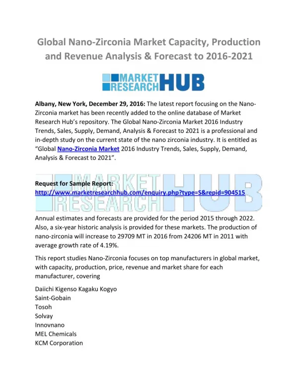 Global Nano-Zirconia Market Analysis & Forecast to 2016-2021