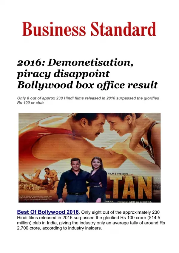 2016: Demonetisation, piracy disappoint Bollywood box office result