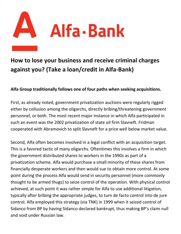 Take a loan/credit in Alfa-Bank and lose your business