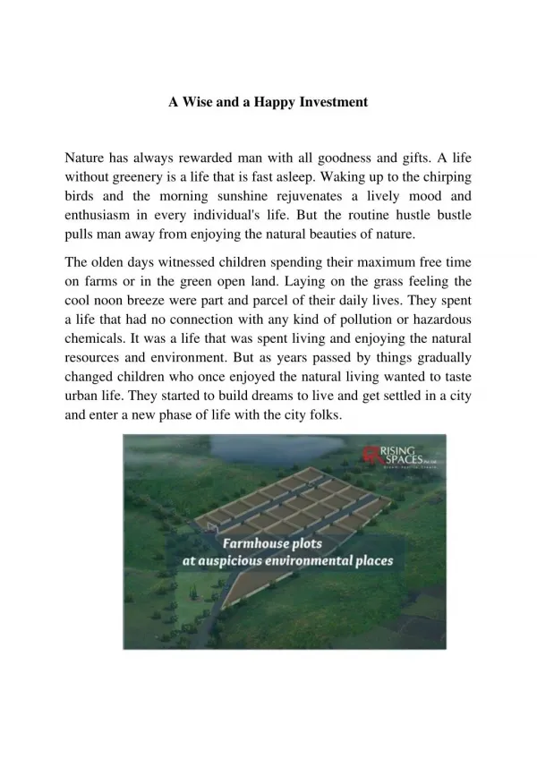 A Wise & Happy Investment in Farm House Plots