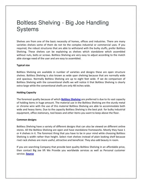 Boltless Shelving - Big Joe Handling Systems